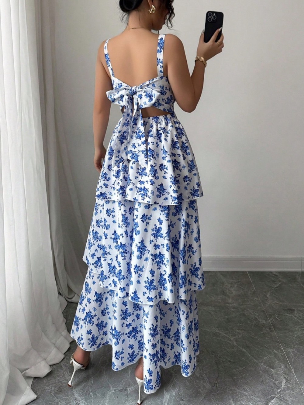 Boho Floral Print Layered Ruffle Hem Cut out Maxi Dress - Picture 3 of 4